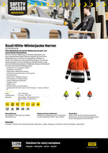 Lade das Bild in den Galerie-Viewer, HiVis Warnschutz-Winterjacke &quot;SCUHVWJACM&quot; produktdatenblatt mit watterierung und abnehmbarer kapuze gelb/schwarz
