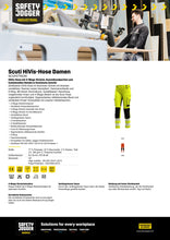 Lade das Bild in den Galerie-Viewer, HiVis-Hose &quot;SCUHVTROW&quot; femininem Schnitt produktdatenblatt mit verstärkte kniepolster und fronttaschen gelb/schwarz
