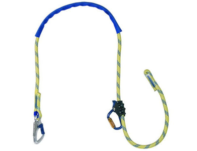 Verbindungsmittel Haltegurt ASK 8 SK 14 Vorderansicht Kernmantelseil mit Alu-Einhandkarabiner Schutzschlauch Seilklemme gelb blau