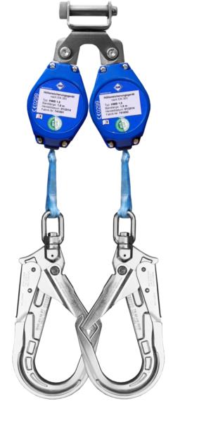 Doppel-Höhensicherungsgerät Gurtband Fallindikator Drehwirbel-Aufhängung blau silbern