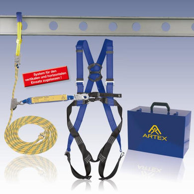 Auffangsystem Dachdecker Set Vorderansicht Auffanggurt Kernmantelseil Bandfalldämpfer Anschlagschlinge Kantenschutz Koffer blau-gelb