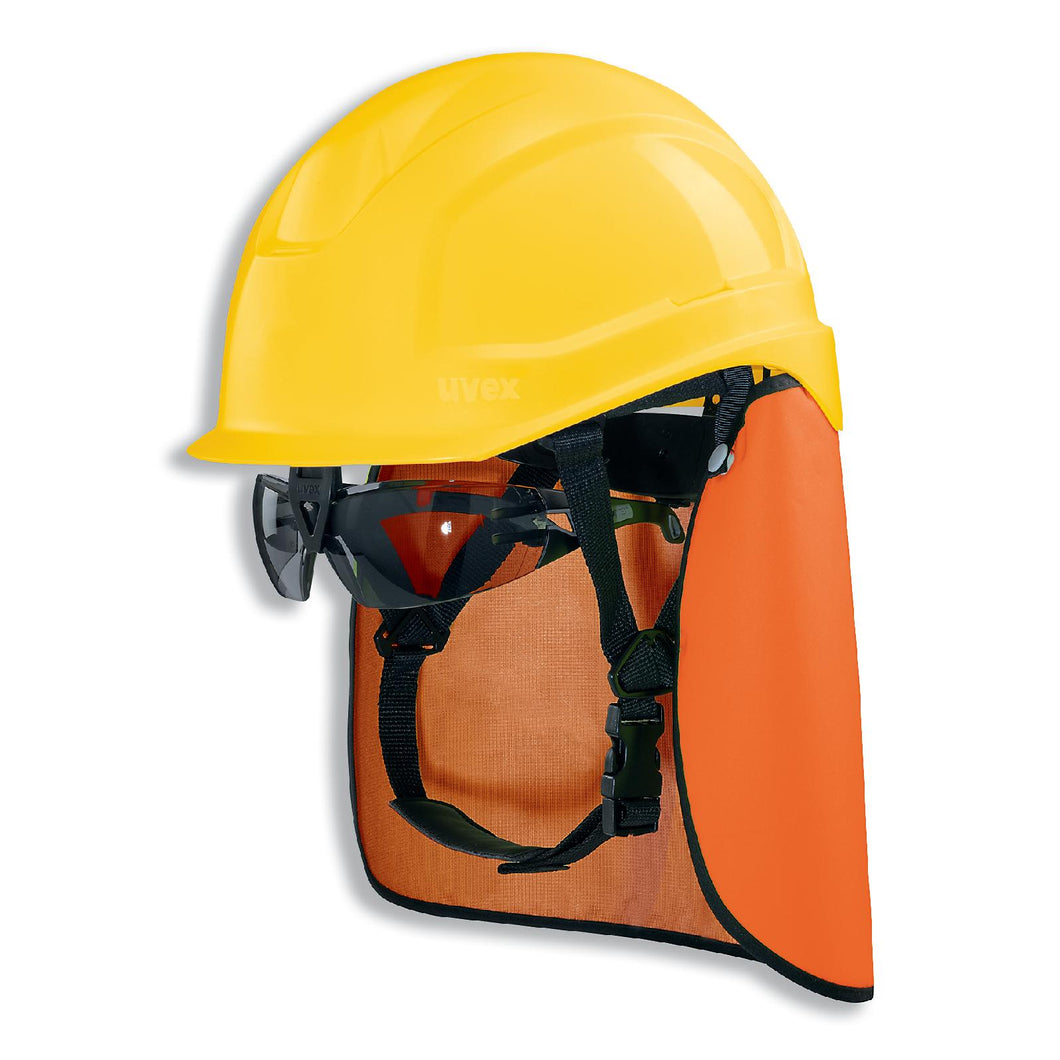 uvex pheos S-KR-IES Schutzhelm gelb mit Kinnriemen, Schutzbrille und Nackenschutz orange