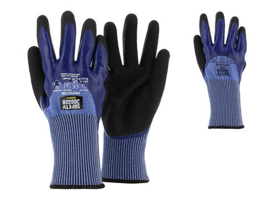 Handschuh schnittfest PROTECTOR Vorderansicht Rückansicht Fingerfertigkeit Schnittschutz Hitzeschutz Kälteschutz blau-schwarz